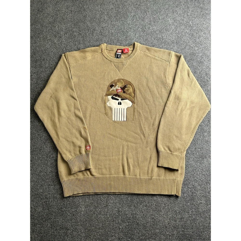 Mens Sweater Ecko Unltd Marvel Punisher Skull Tan Knit Rare 2001, Size 2XL